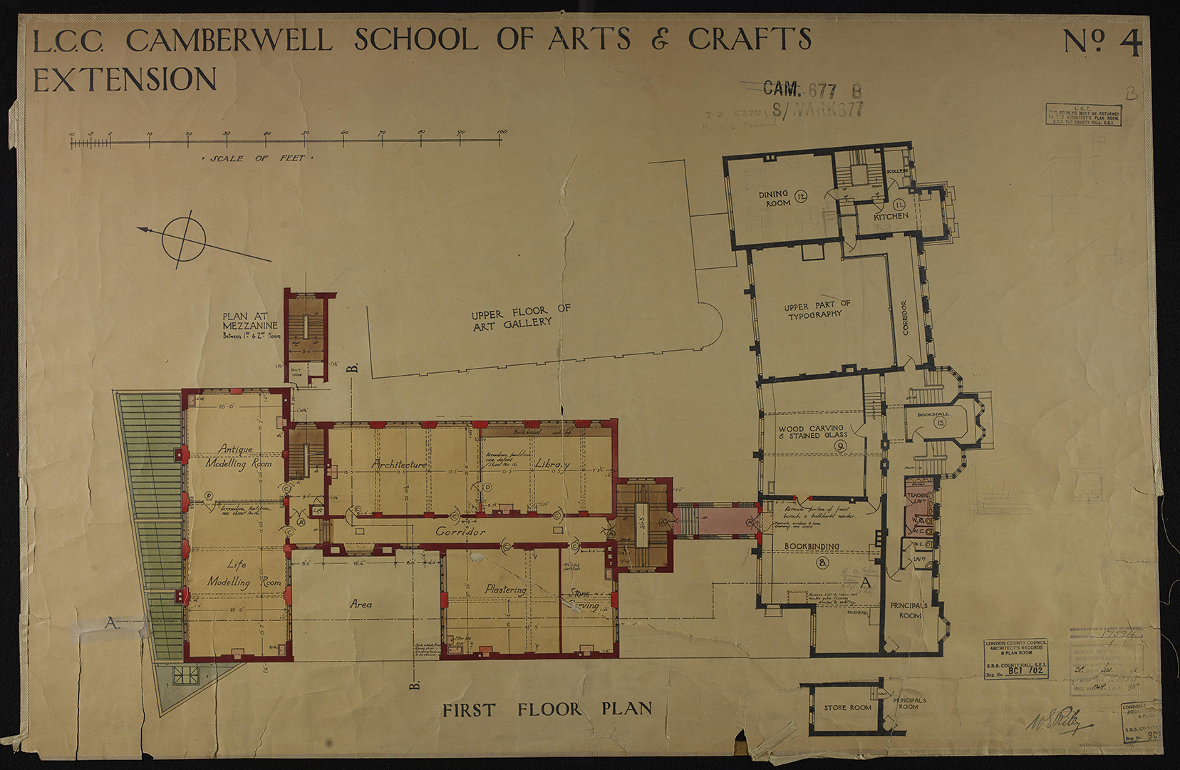 Hand drawn architectural plan showing the first floor outline of the Camberwell School of Arts and Crafts extension