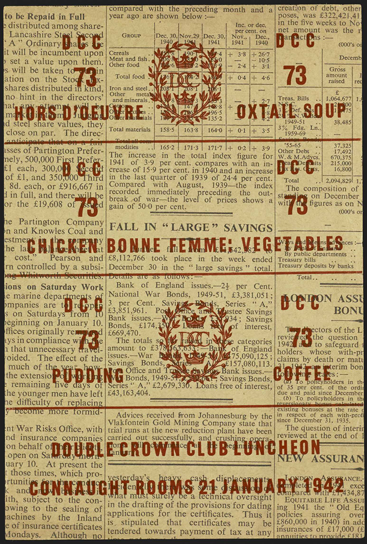 Front cover of dinner menu, showing menu text over newspaper background, decorated with club arms