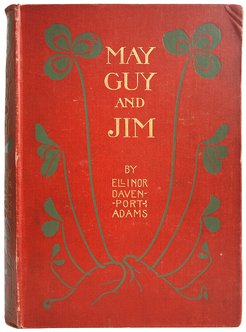Red book cover decorated with green flowers and book title with author name.