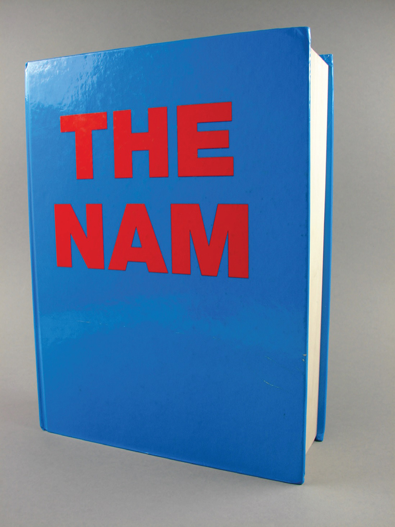 Blue and red front cover of artist book, spelling out title 'The Nam'