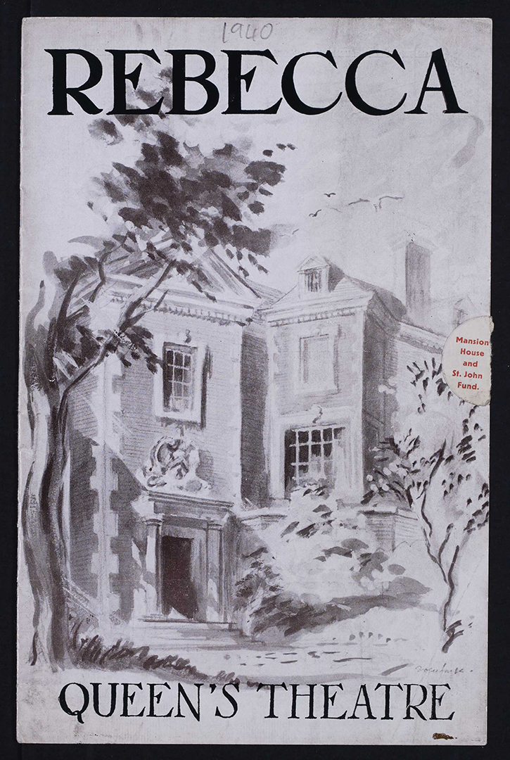 Front cover of theatre programme for a production of Rebecca, showing illustration of a house below production title